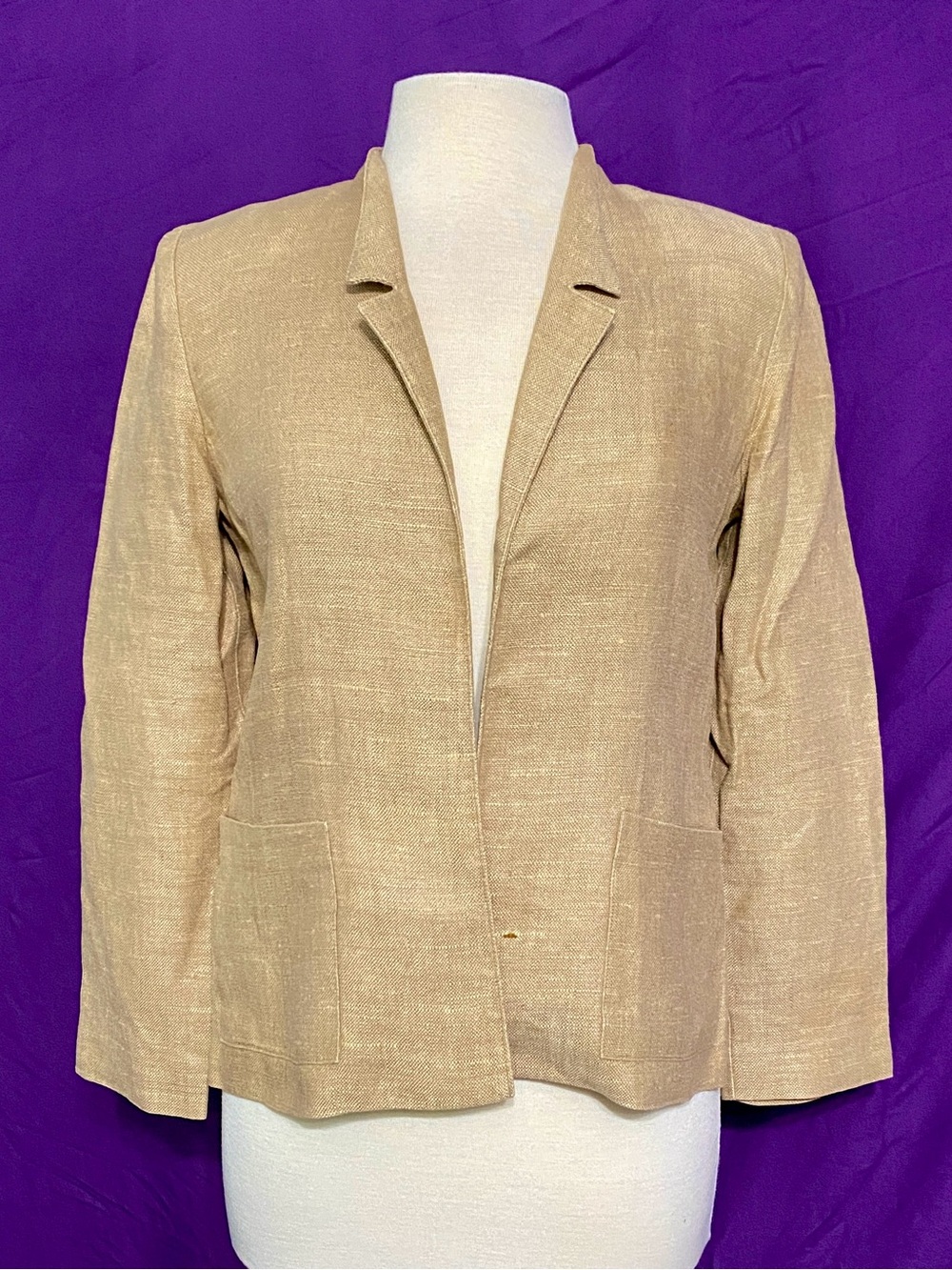 Vintage 1980s Finity Beige Open-Front Linen Blazer. Size 6.